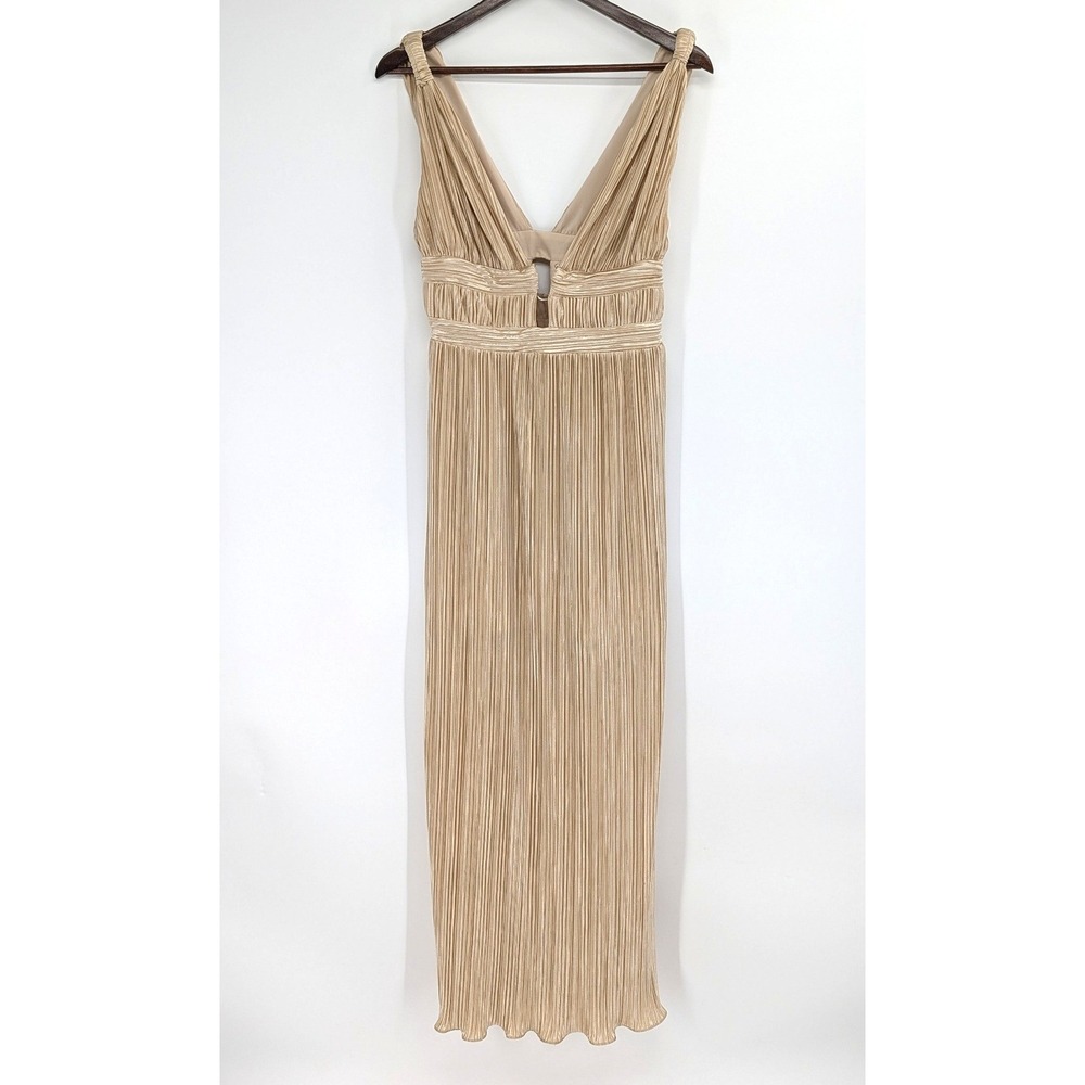 Hello Molly Champagne Gold Plisse Magic Cutout Maxi Greek Goddess Dress Size 6